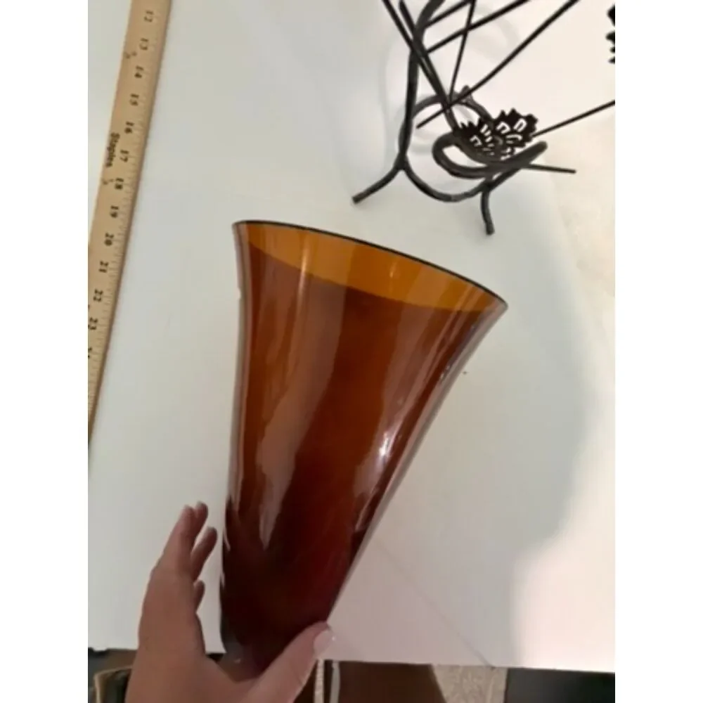 vtg amber glass amphora vase in oranate metal stand